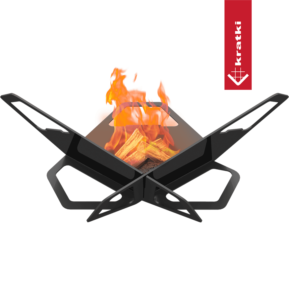 Kratki Pit vuurkorf met brandend hout en open metalen armen