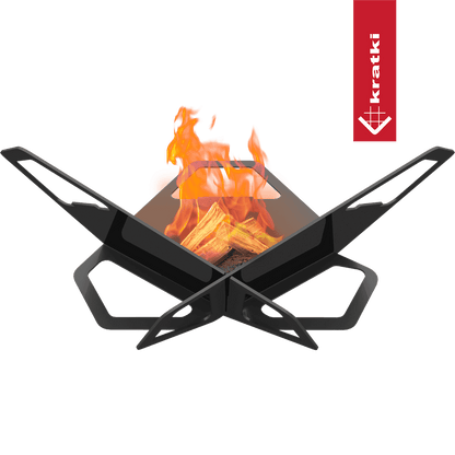 Kratki Pit vuurkorf met brandend hout en open metalen armen
