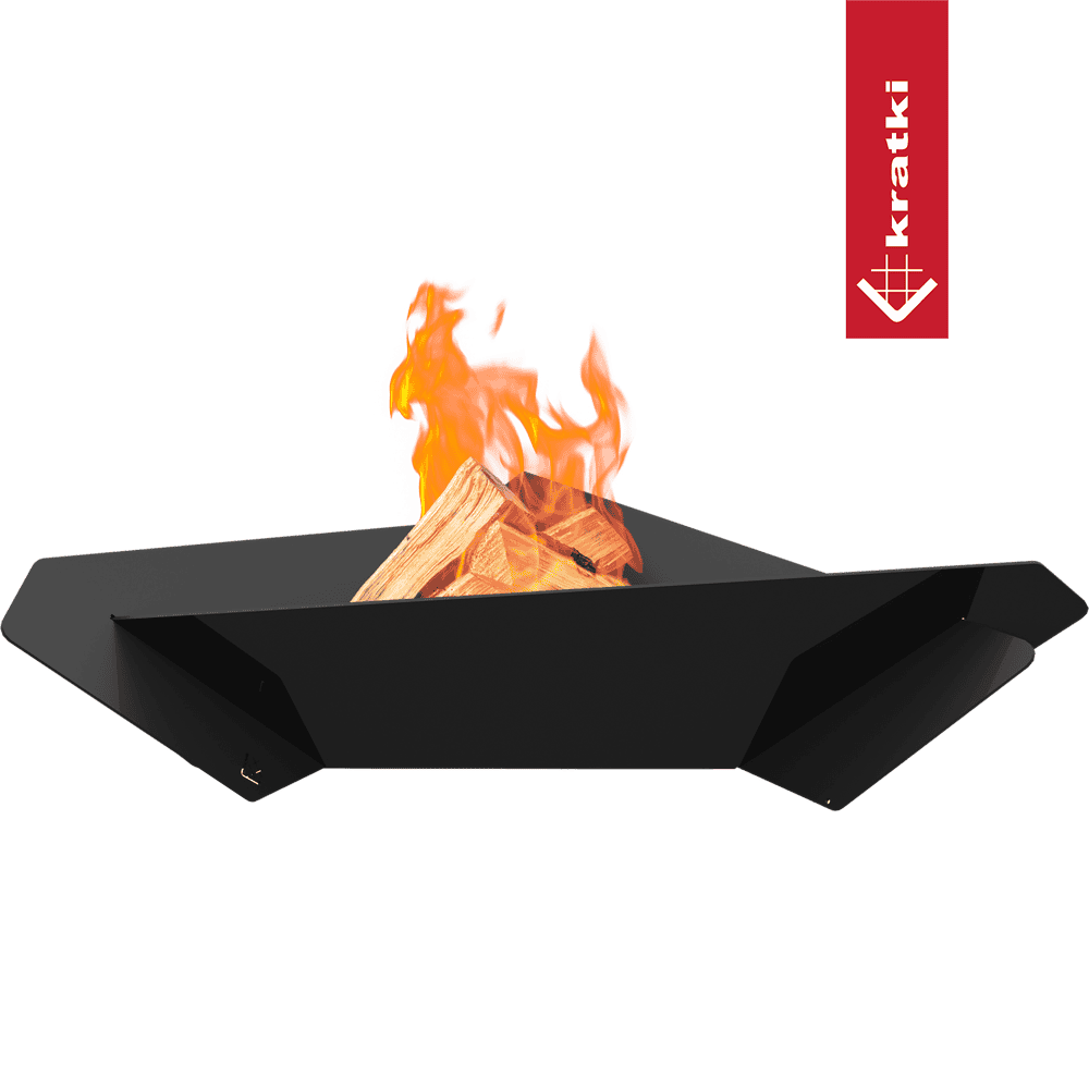 Kratki Triangle zwarte vuurkorf met brandend hout
