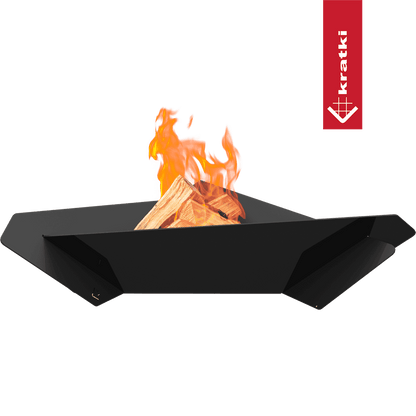 Kratki Triangle zwarte vuurkorf met brandend hout