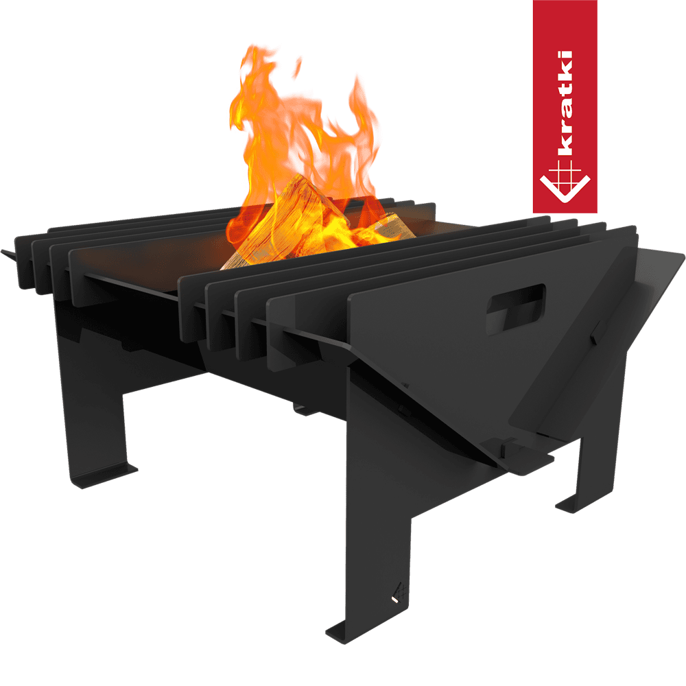 Kratki Gamela vuurkorf met brandend hout en zwart stalen rooster