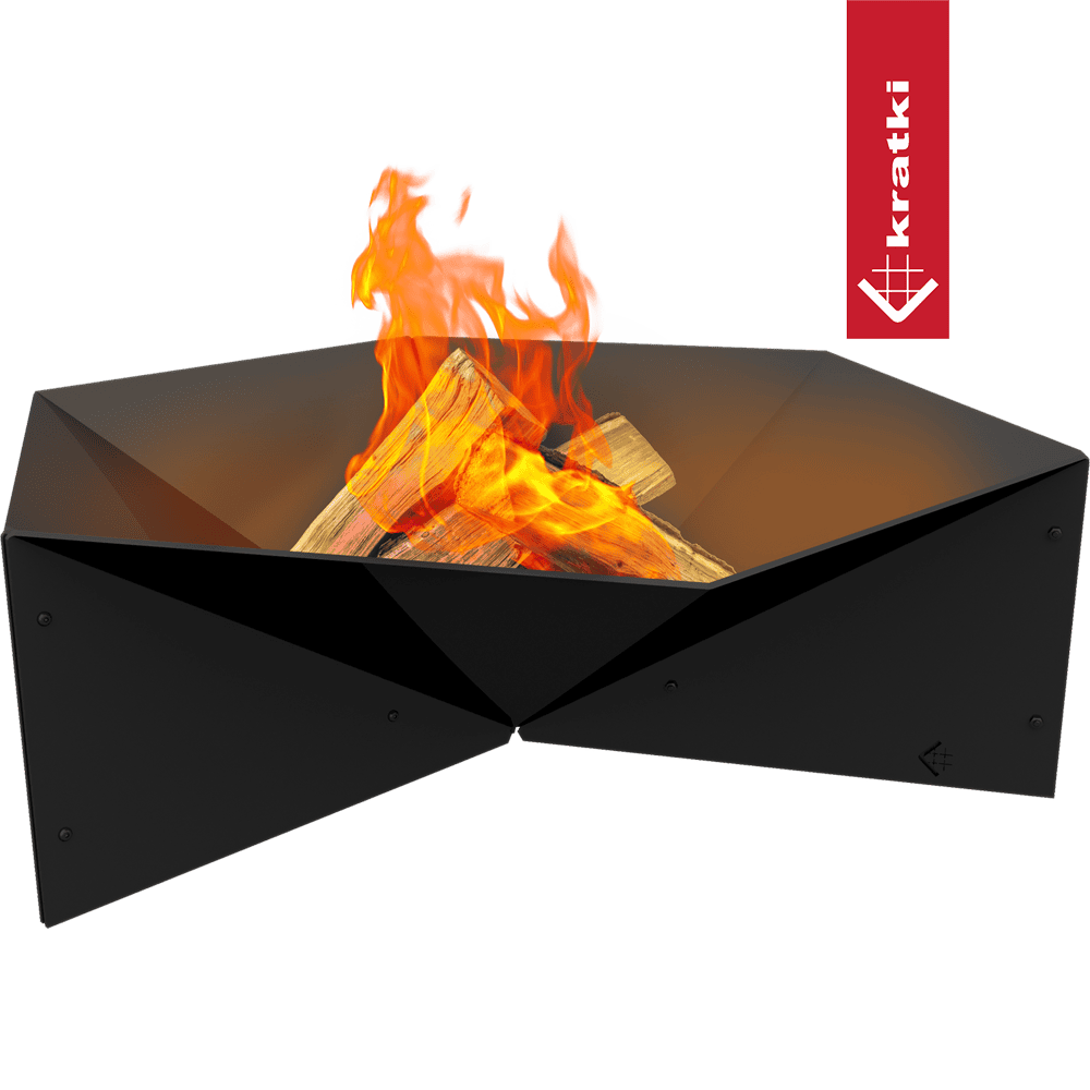 Kratki Gamma vuurkorf met brandend hout en zwart, geometrisch ontwerp