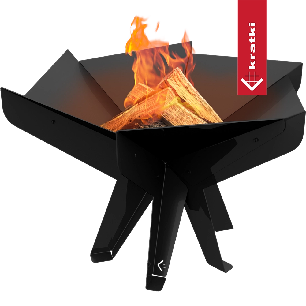 Kratki Hex vuurkorf met brandend hout op groene achtergrond