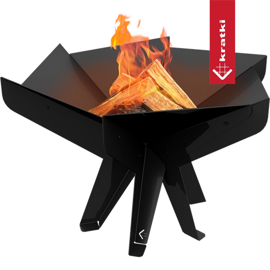 Kratki Hex vuurkorf met brandend hout op groene achtergrond