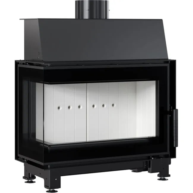 Kratki Simple S 8 kW Links, moderne zwarte houtkachel met glazen zijpaneel en witte binnenkant.