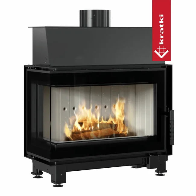 Kratki Simple S 8 kW Links, moderne houtkachel met glazen zijpaneel en brandend vuur.