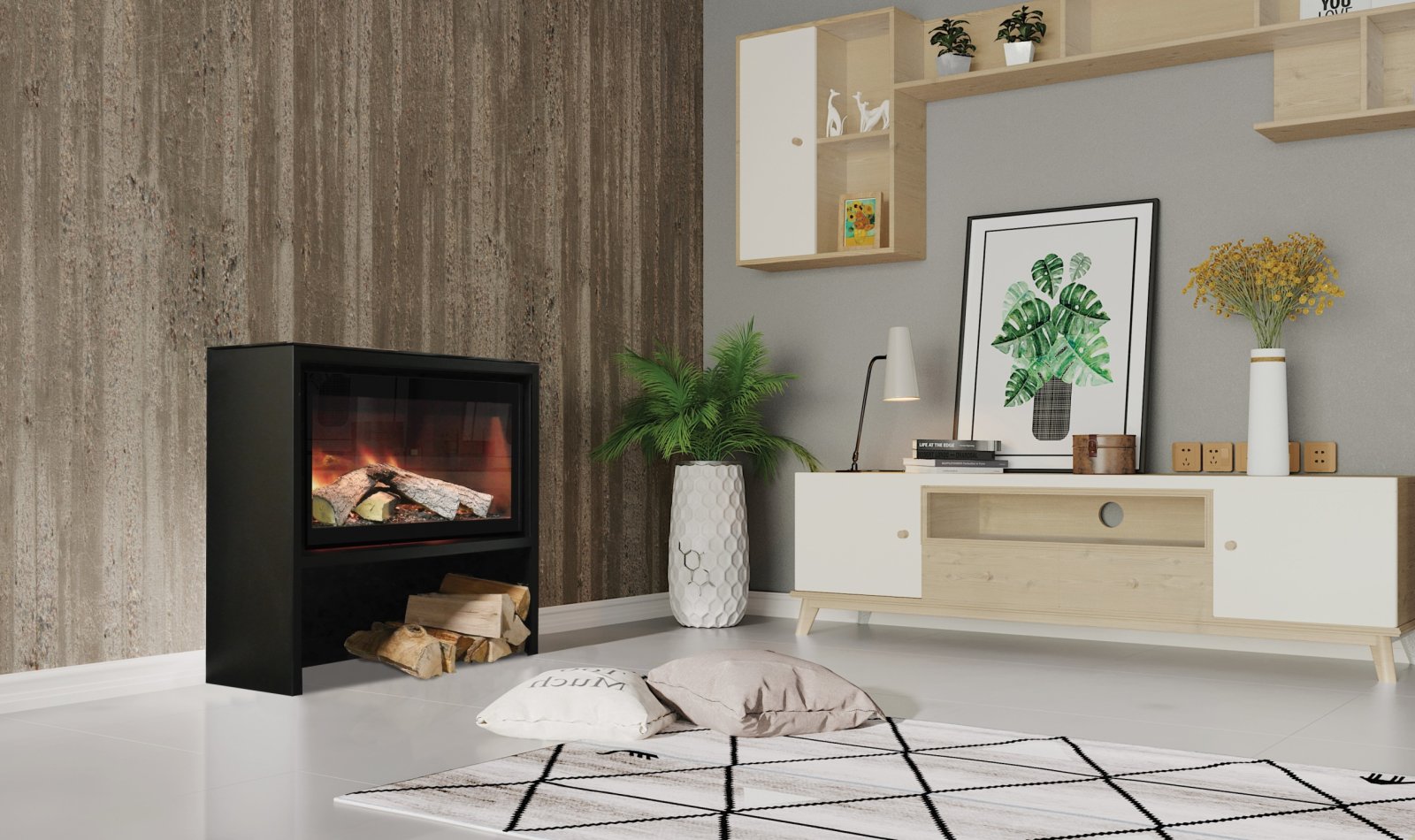 Element4 Club Kudos E haard in moderne woonkamer met brandend vuur
