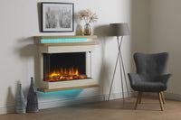 Charlton & Jenrick Polaris 840mm elektrische haard in woonkamer met blauwe verlichting