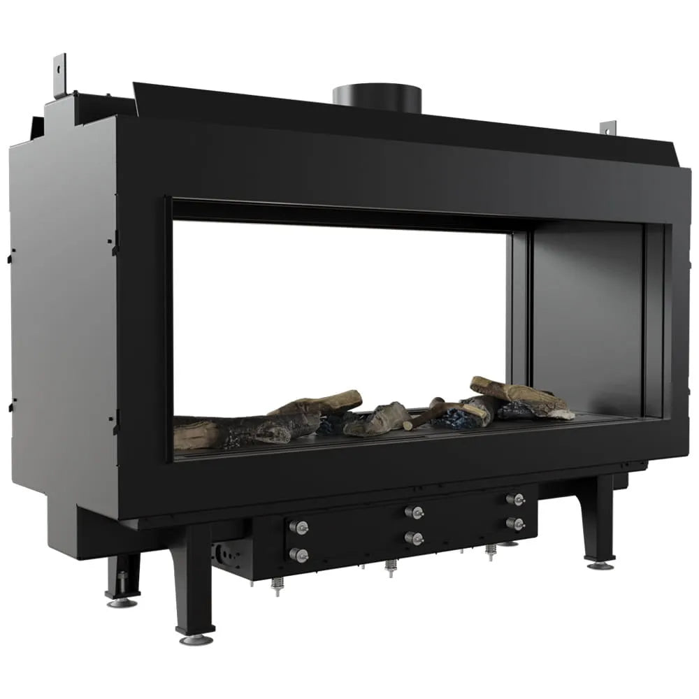 Kratki Leo 100 Tunnel, moderne doorkijkhaard met zwart metalen frame en realistische houtblokken.