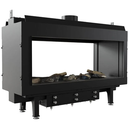 Kratki Leo 100 Tunnel, moderne doorkijkhaard met zwart metalen frame en realistische houtblokken.