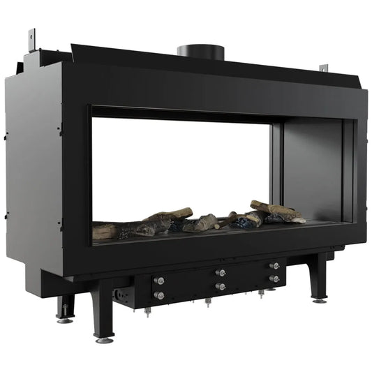 Kratki Leo 100 Tunnel, moderne doorkijkhaard met zwart metalen frame en realistische houtblokken.
