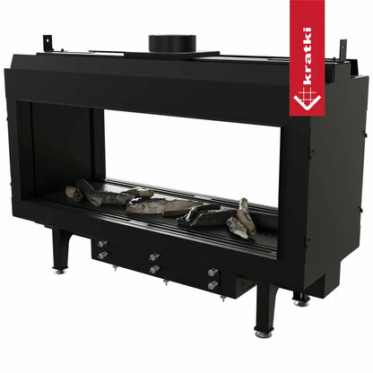Kratki Leo 100 Tunnel, moderne doorkijkhaard met zwart metalen frame en decoratieve houtblokken.