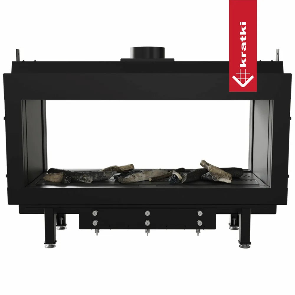 Kratki Leo 100 Tunnel, moderne doorkijkhaard met zwart frame en decoratieve houtblokken.