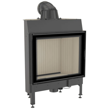 Zwarte Kratki Nadia 13 kW houtkachel met glazen deur en beige binnenkant.