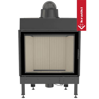 Kratki Nadia 13 kW houtkachel met glazen deur en zwart metalen frame.