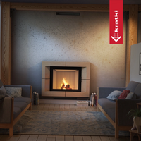 Kratki Nadia in moderne woonkamer met ingebouwde haard en brandend vuur