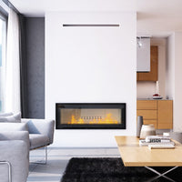 Kratki MB120 in moderne woonkamer met ingebouwde haard en vlammen