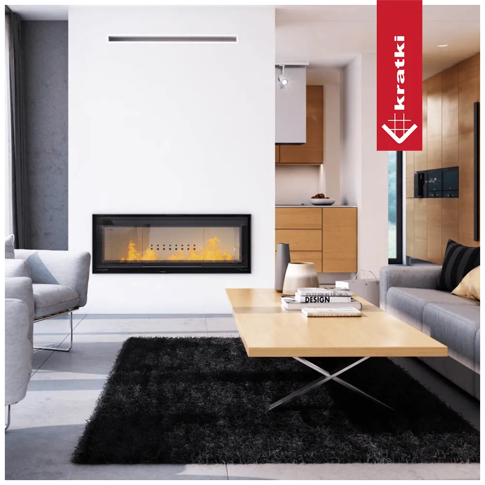 Moderne woonkamer met Kratki MB120 haard, houten meubels en minimalistisch interieur.