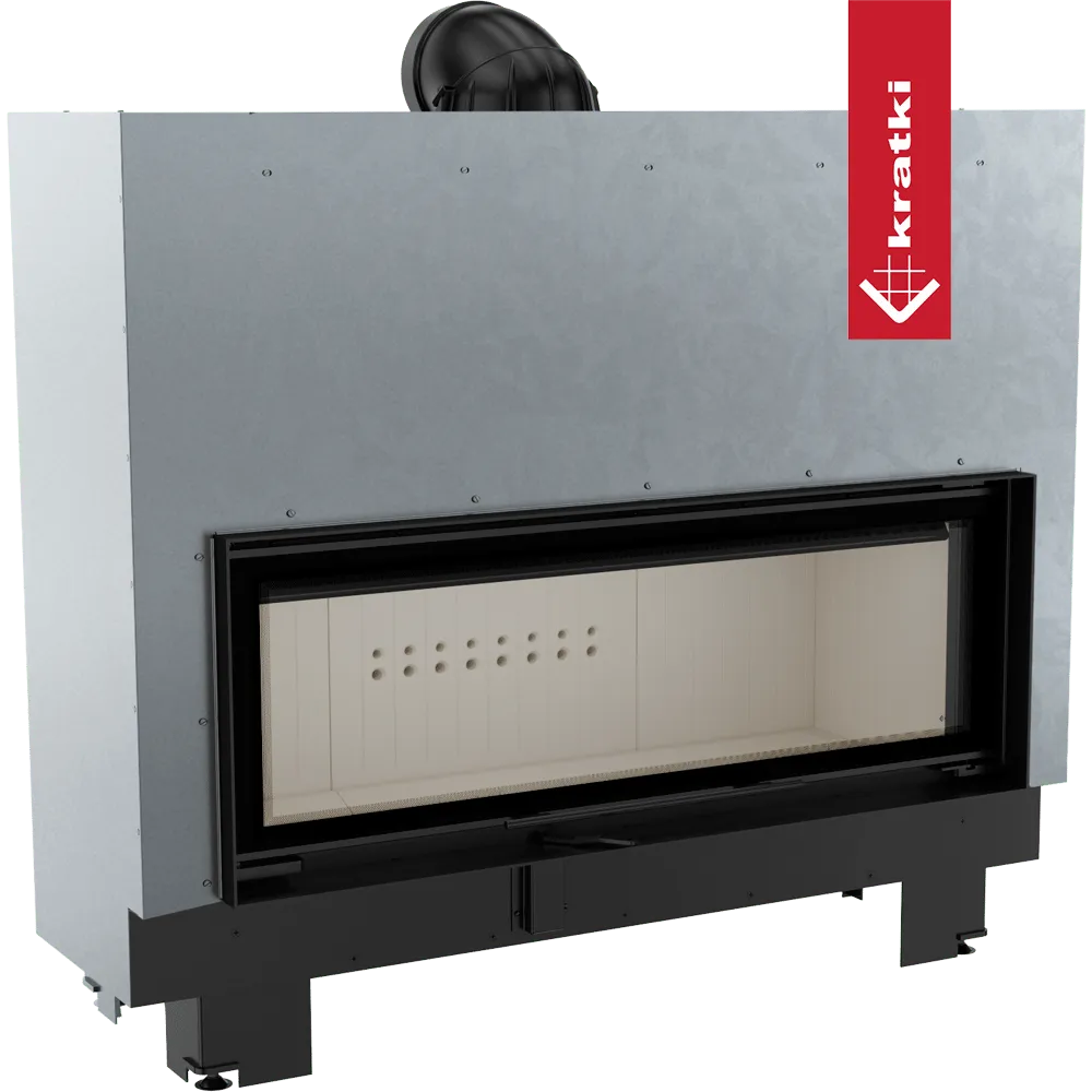 Kratki MB120 inbouwhaard met groot glazen venster en metalen behuizing.