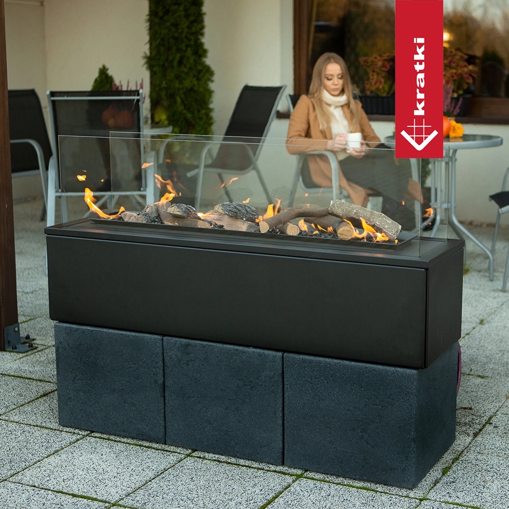 Kratki Patio Horizontaal terrasvuurtafel met vlammen en glazen afscherming
