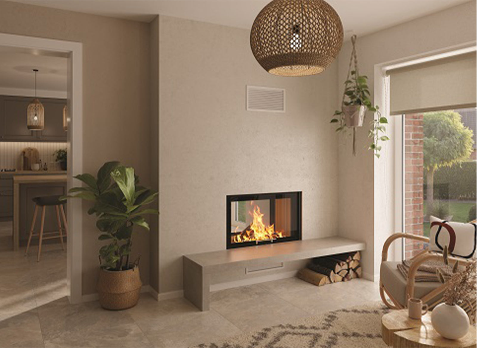Spartherm Linear Tunnel 87x50 ingebouwd in lichte woonkamer met zicht op vlammen