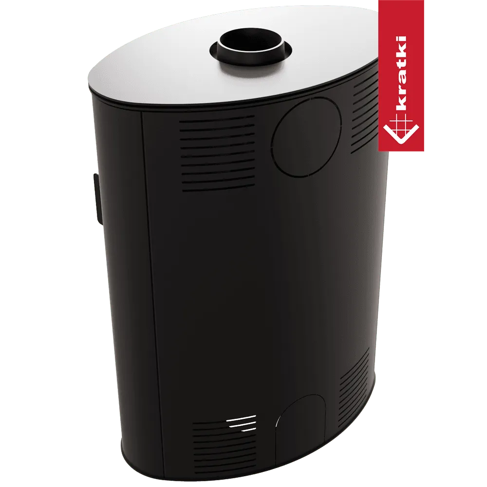 Zwarte, ovale Kratki AB 2 houtkachel met bovenste rookafvoer en ventilatieopeningen.