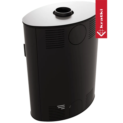 Zwarte, ovale Kratki AB 2 houtkachel met bovenste rookafvoer en ventilatieopeningen.