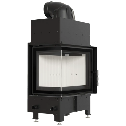 Kratki Floki S 8 kW Links, moderne zwarte houtkachel met glazen hoekdeur en witte binnenkant.