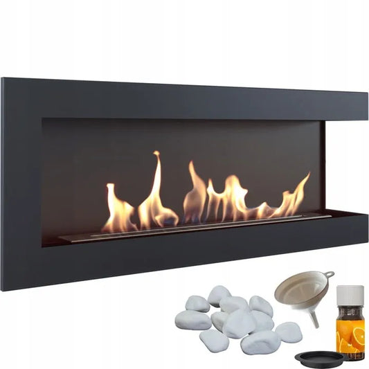 Kratki Delta Rechts haard met accessoires zoals witte stenen, trechter en flesje vloeistof.