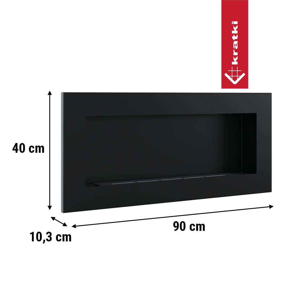 Kratki Delta 2 Slim, zwarte rechthoekige haard met afmetingen 40 cm x 90 cm x 10,3 cm.