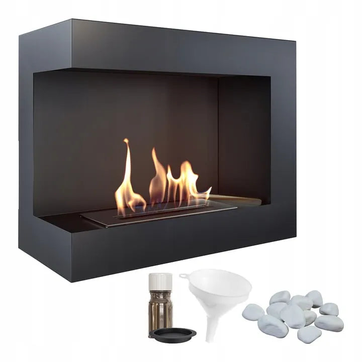 Kratki Delta Links zwarte bio-ethanol haard met accessoires zoals trechter, stenen en brandstof.