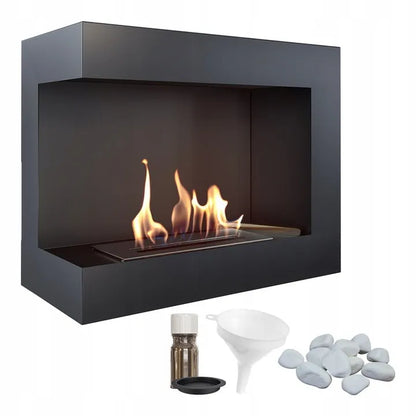 Kratki Delta Links zwarte bio-ethanol haard met accessoires zoals trechter, stenen en brandstof.