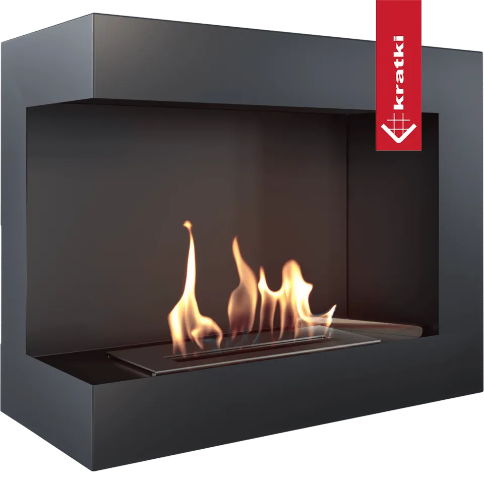 Zwarte, moderne Kratki Delta Links bio-ethanol haard met vlammen en rood Kratki label.
