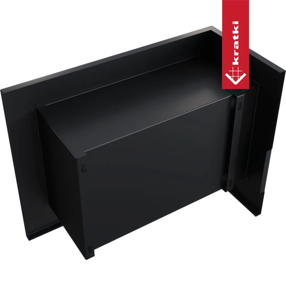 Zwarte metalen Kratki Delta Links ventilatierooster met rechthoekige vorm en rode merklabel.