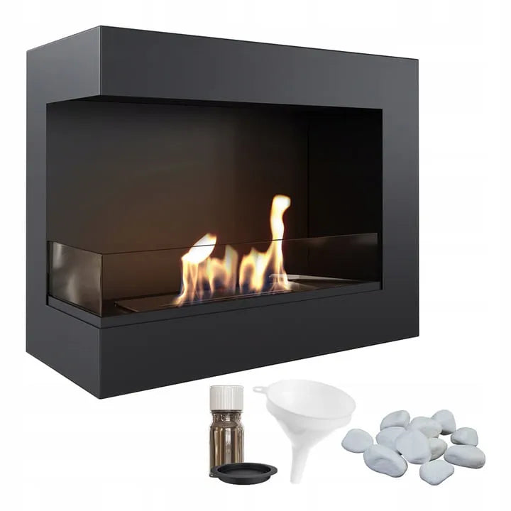 Kratki Delta Links zwarte bio-ethanol haard met accessoires zoals trechter, stenen en brandstof.