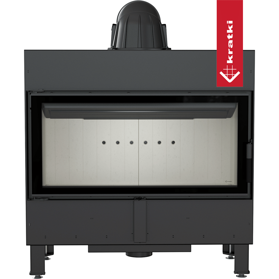 Kratki Lucy 16 kW houtkachel met een zwart metalen frame en glazen deur.