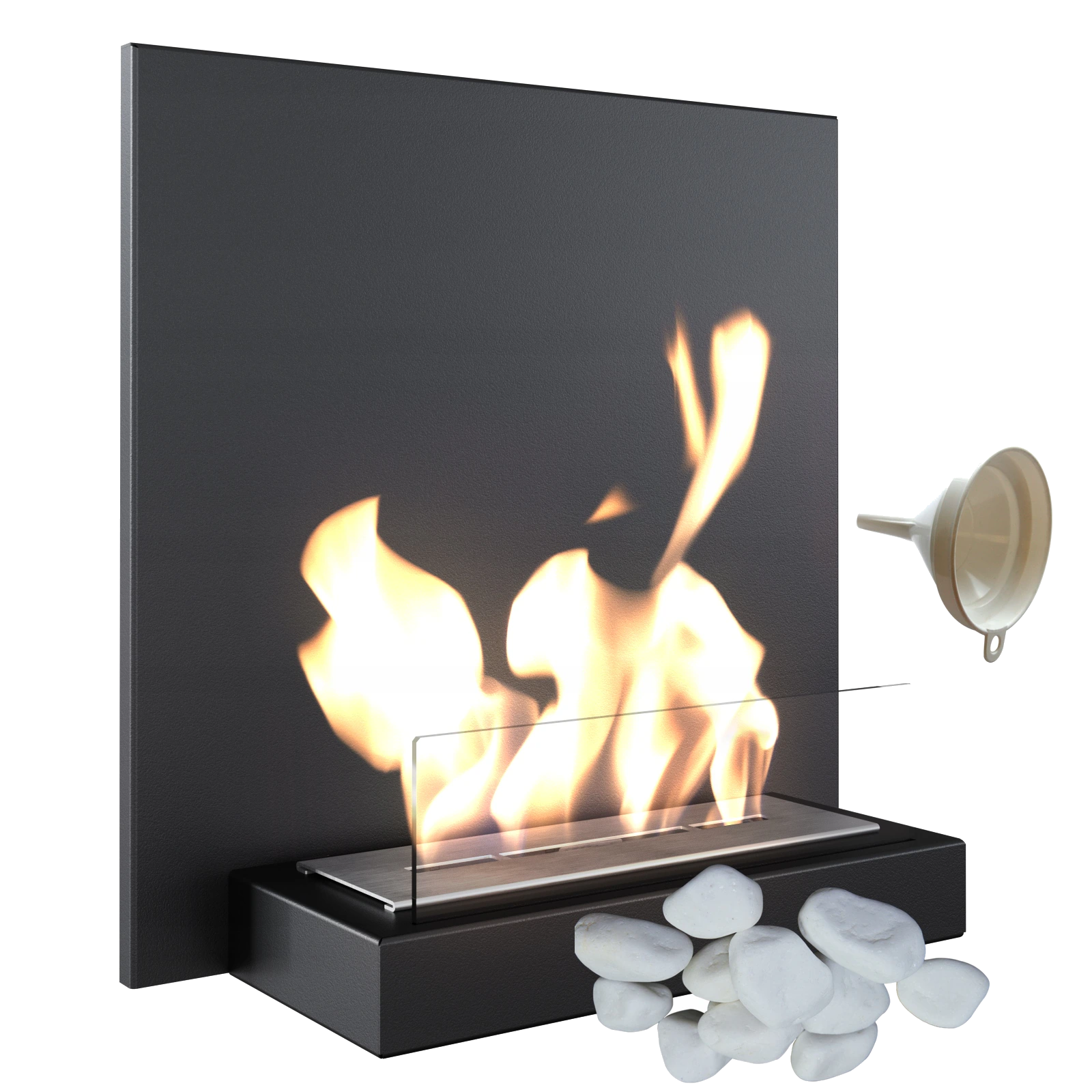 Kratki Plank bio-ethanol haard met vlammen en witte decorstenen