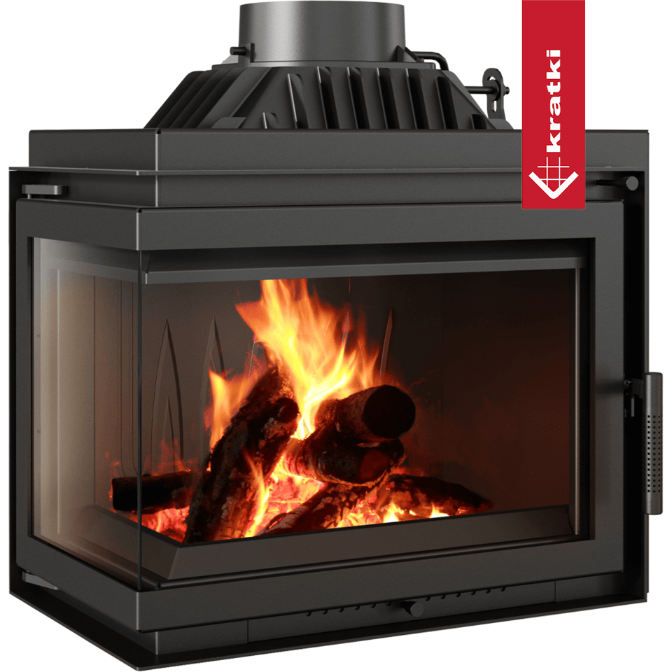 Kratki Simple M inbouwhaard met brandend hout, vooraanzicht
