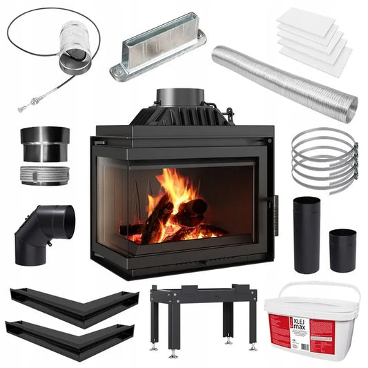 Kratki Simple M 10 kW Links Set 2 met accessoires en brandend houtvuur.