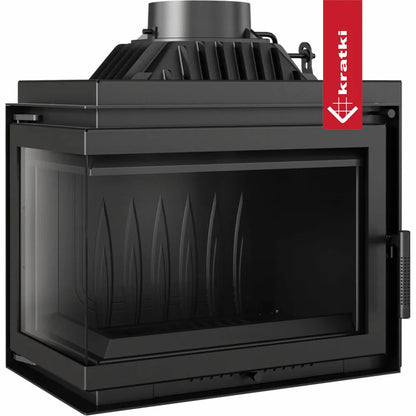 Kratki Simple M 10 kW Links, moderne zwarte houtkachel met glazen zijpaneel en strak ontwerp.