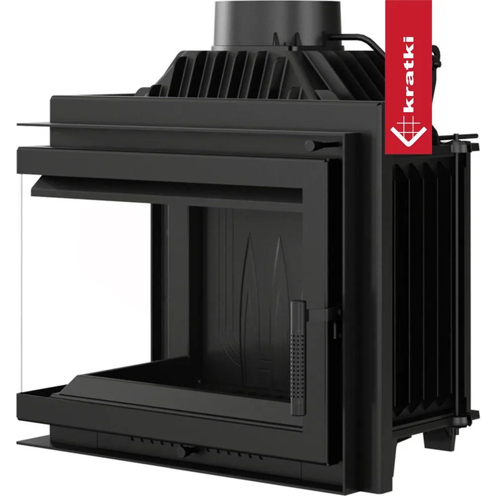 Kratki Simple M 10 kW Links, moderne zwarte houtkachel met glazen zijpaneel en strak ontwerp.