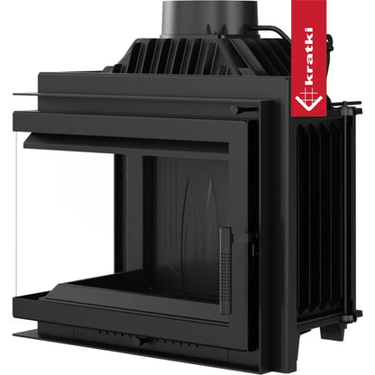 Kratki Simple M 10 kW Links, moderne zwarte houtkachel met glazen zijpaneel en strak ontwerp.