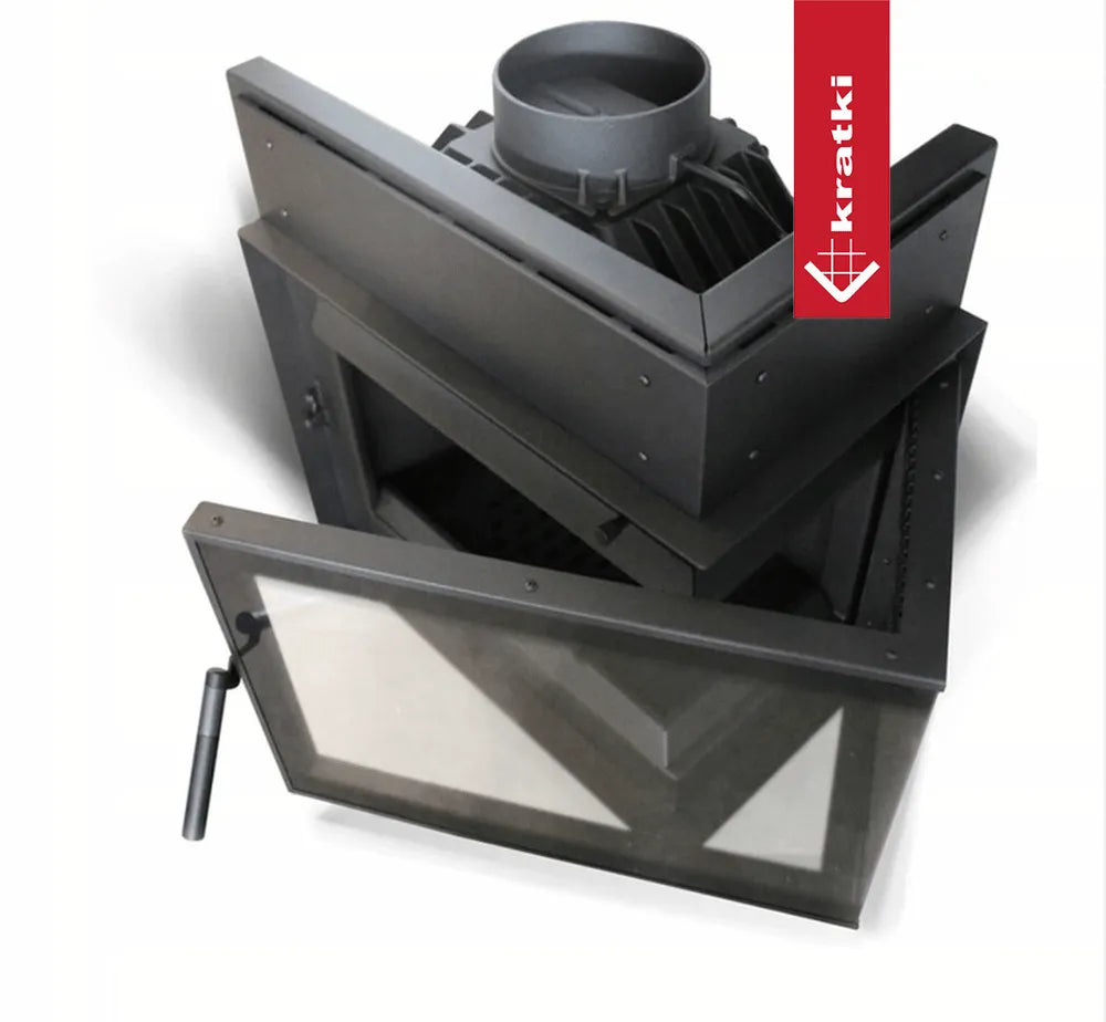 Kratki Simple M 10 kW Links, moderne hoekhaard met glazen deur en zwart metalen afwerking.