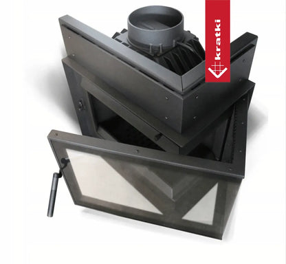 Kratki Simple M 10 kW Links, moderne hoekhaard met glazen deur en zwart metalen afwerking.