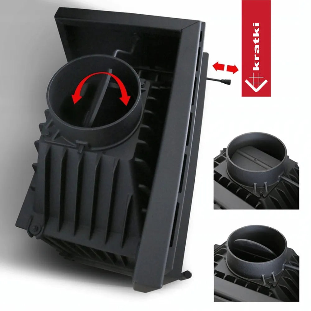 Kratki Simple M 10 kW Links, zwart metalen kachelonderdeel met verstelbare luchtinlaat.
