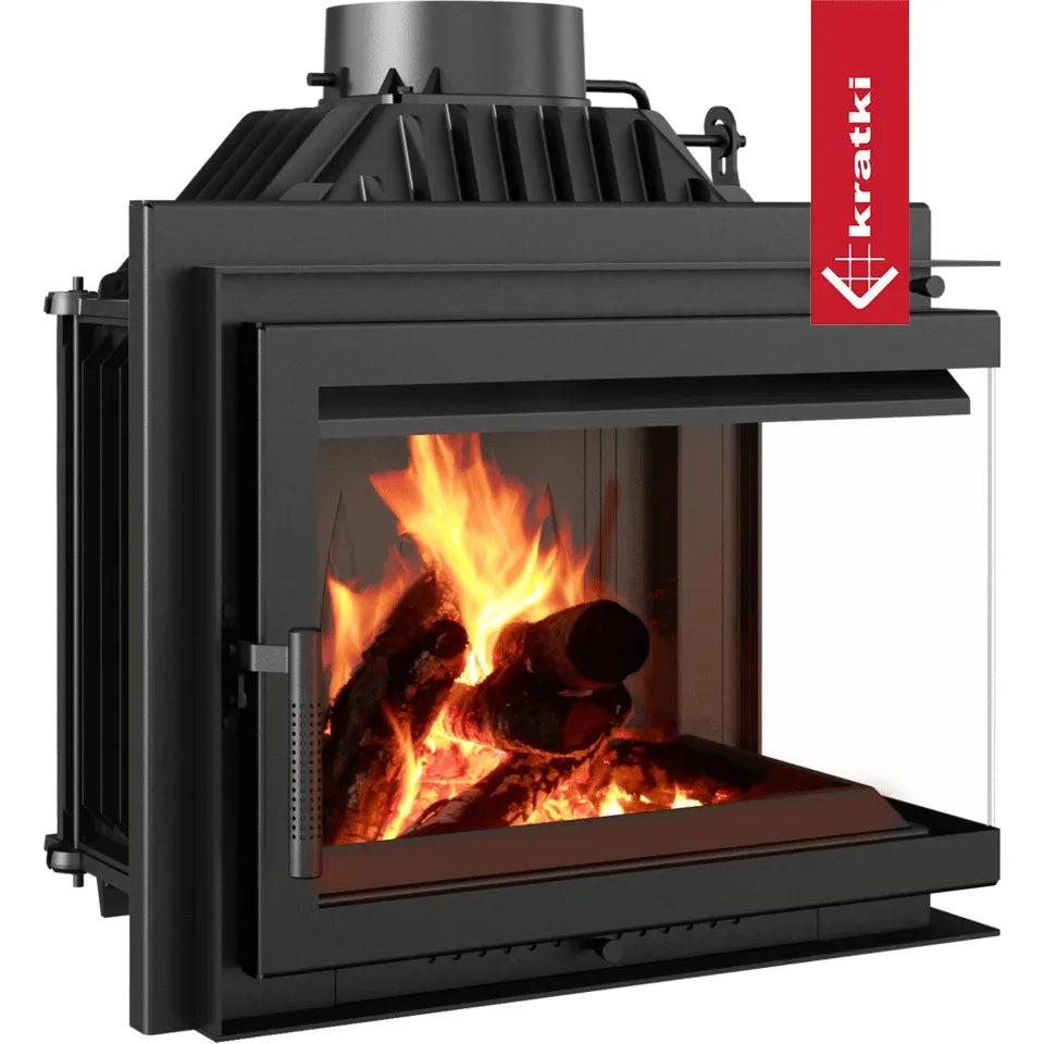 Kratki Simple M 10 kW Rechts Set 1, moderne hoekhaard met brandend houtvuur.