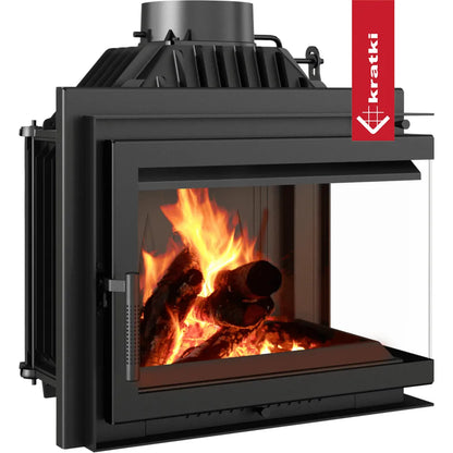 Kratki Simple M 10 kW Rechts Set 1, moderne hoekhaard met brandend houtvuur.