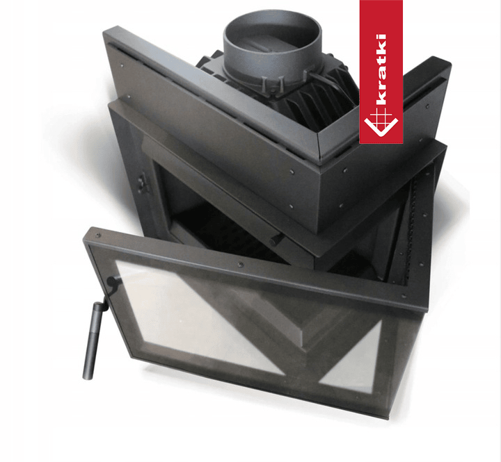 Kratki Simple M 10 kW Rechts Set 1, zwarte haard met glazen deur en handvat.