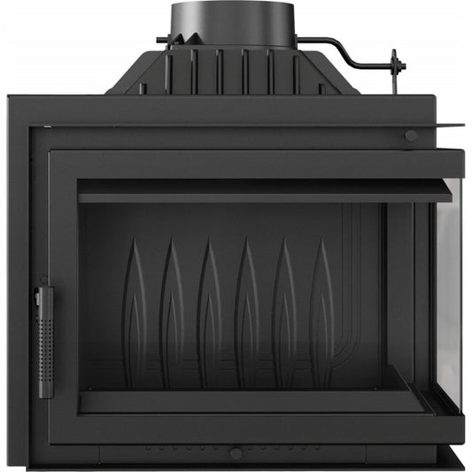 Kratki Simple M 10 kW Rechts BS Staal, zwarte stalen houtkachel met glazen zijpaneel.