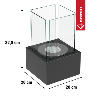 Kratki Tango1 tafelhaard met glazen ombouw, afmetingen 32,8 cm hoog en 20 cm breed.